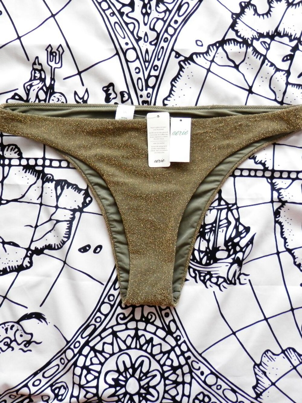 Aerie Olive and Gold Sparkle Cheeky Bikini Bottom NWT, Size L